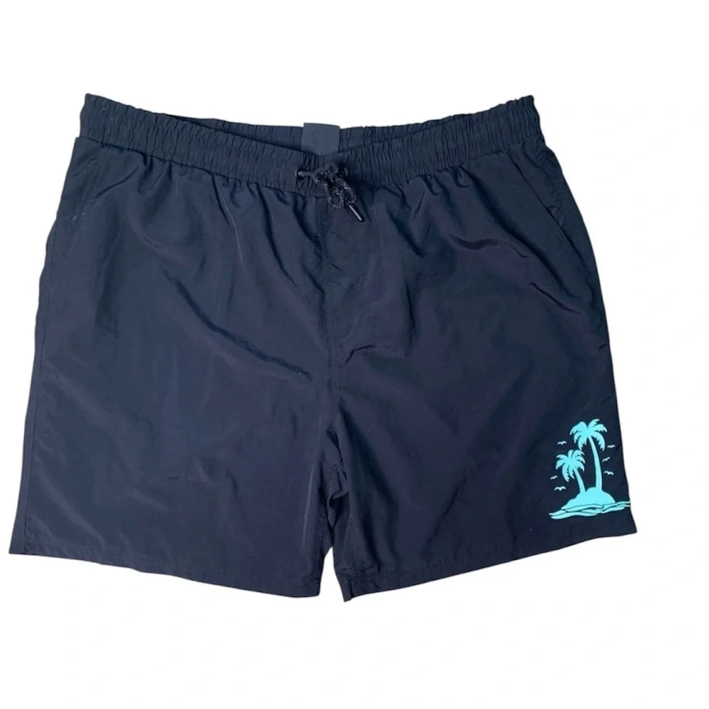 Sz. 3XL Black Swim Shorts with Palm Tree Design.
